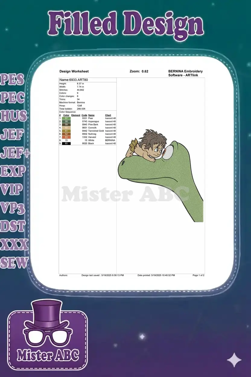 Embroidery design worksheet providing essential details like dimensions, stitch count, color sequence, and machine info.