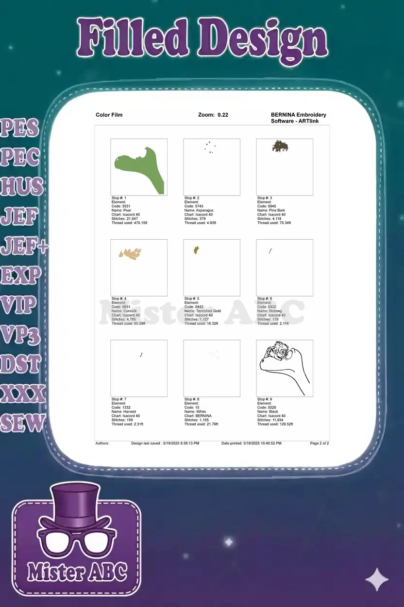 Embroidery color film breaking down the design into individual stitch elements, showing thread usage for each color.