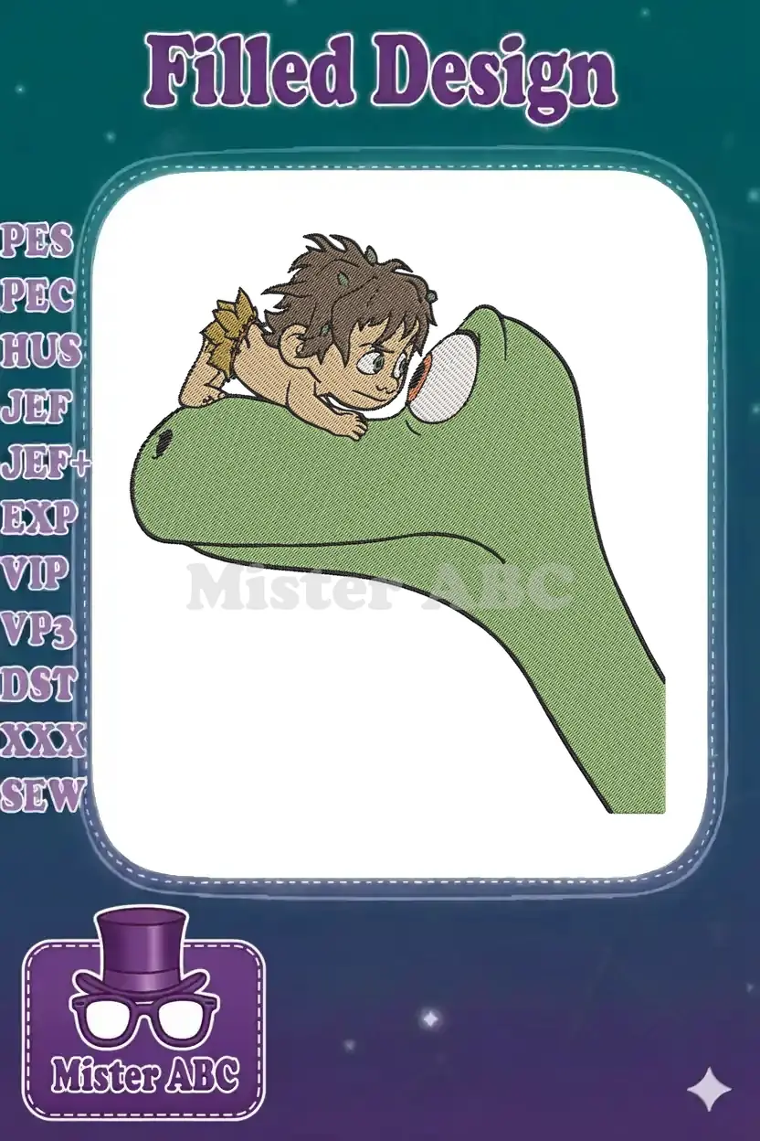 Close-up embroidery design of a curious baby with leafy hair looking into the eye of a gentle green dinosaur.