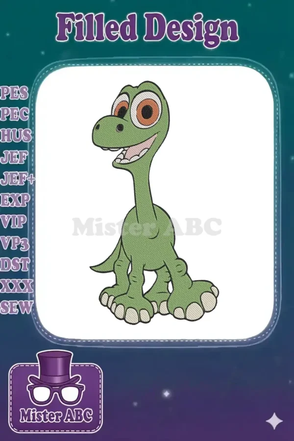 Full-body embroidery of a cheerful green cartoon dinosaur with large, expressive eyes and a wide, happy smile.