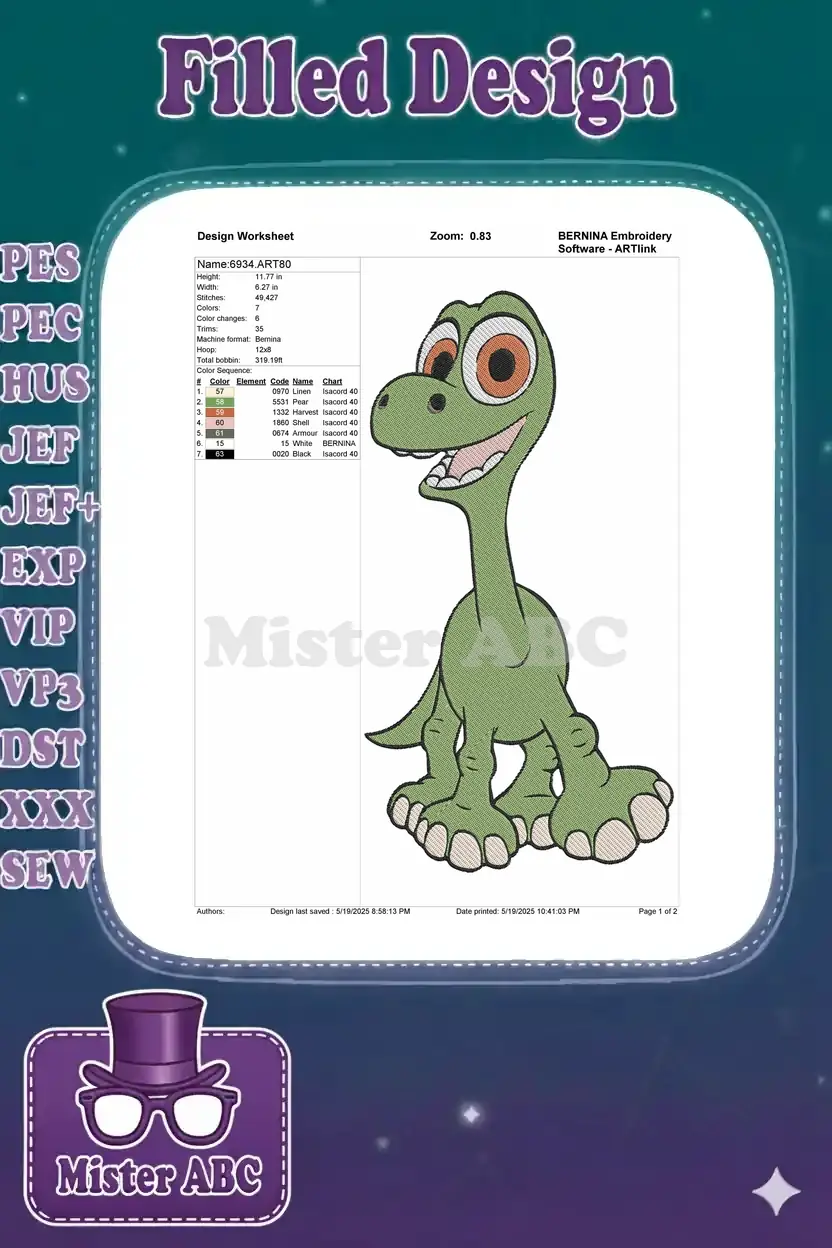 Embroidery design worksheet detailing the green dinosaur's specifications, including size, stitch count, and colors.