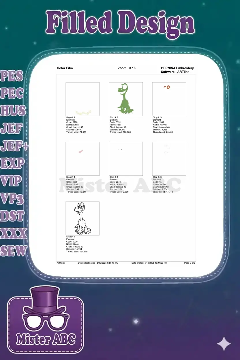 Color film breakdown illustrating the stitching sequence for each color element of the green dinosaur design.