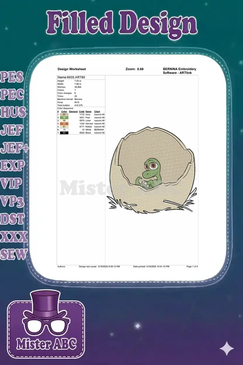 A detailed embroidery design worksheet showing the baby dinosaur in an egg, with stitch counts, dimensions, and color chart.