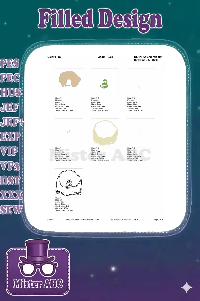 A color film sequence showing the individual stitch-out steps for the baby dinosaur hatching embroidery design, layer by layer.