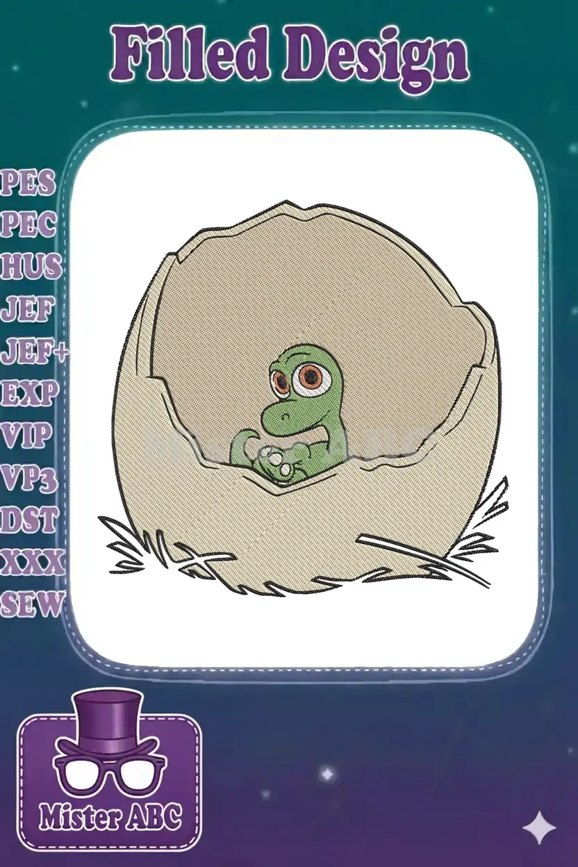 A cute green baby dinosaur with wide orange eyes, peeking out from a cracked beige eggshell, on a white background.