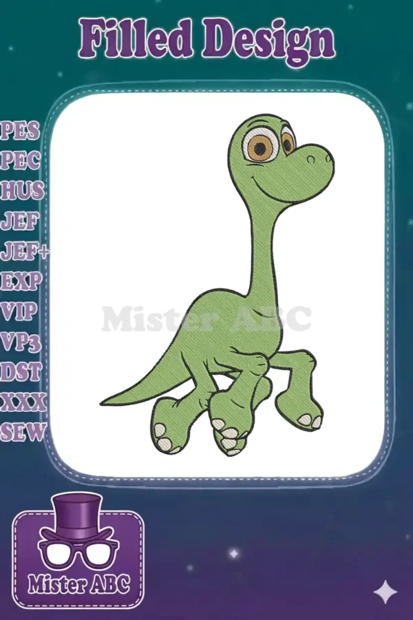 A charming embroidery design of Arlo, the green Apatosaurus, walking with a friendly smile on a white background.