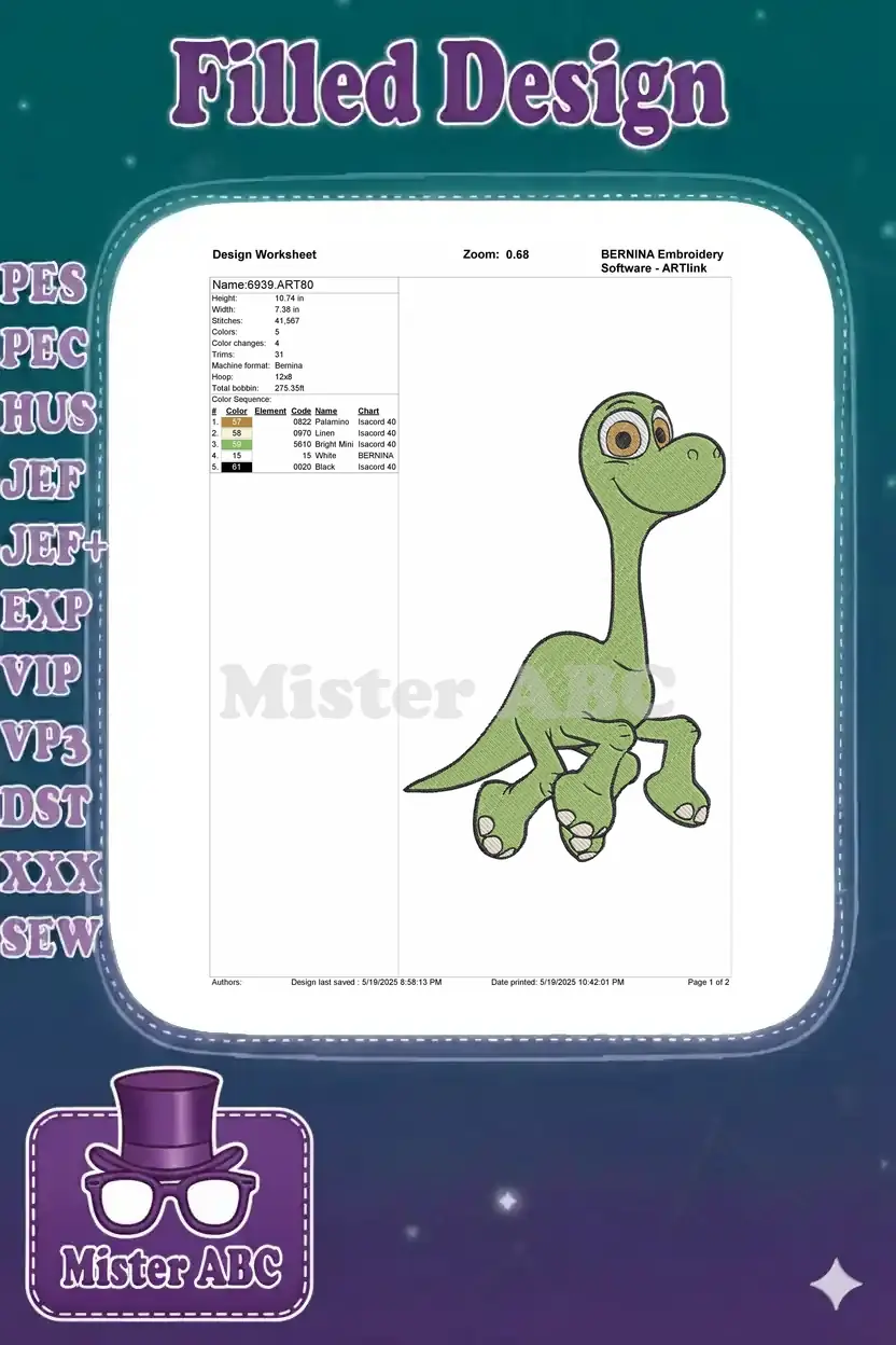 Embroidery design worksheet for Arlo, showing dimensions, stitch count, color sequence, and machine info.