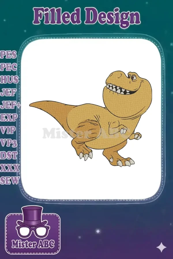 A charming, smiling cartoon dinosaur embroidery design in various shades of brown and tan, perfect for children's items.