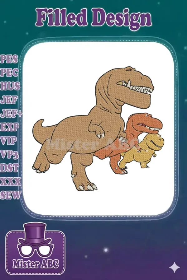 Vibrant embroidery design of a friendly T-Rex family, featuring a large adult and two smaller dinosaurs.