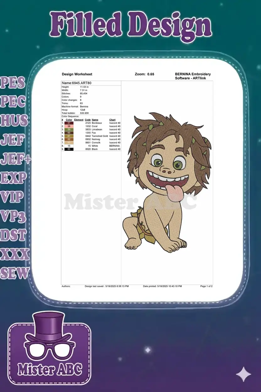 Embroidery design worksheet for Baby Spot, detailing dimensions, stitch count, and color sequence.