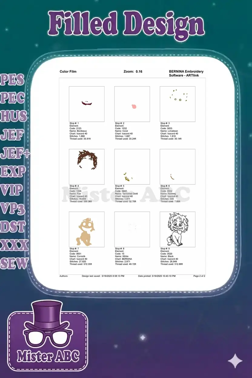 Color film breakdown illustrating the individual stitch elements and sequence for the Baby Spot design.