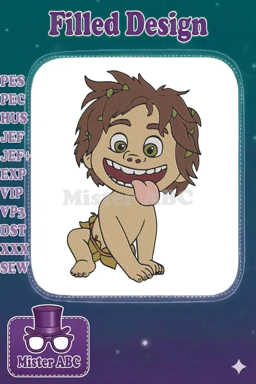 Close-up of Baby Spot from The Good Dinosaur, a detailed machine embroidery design with vibrant colors.