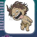Playful cartoon caveman child with leaf crown embroidery designs - Instant Download