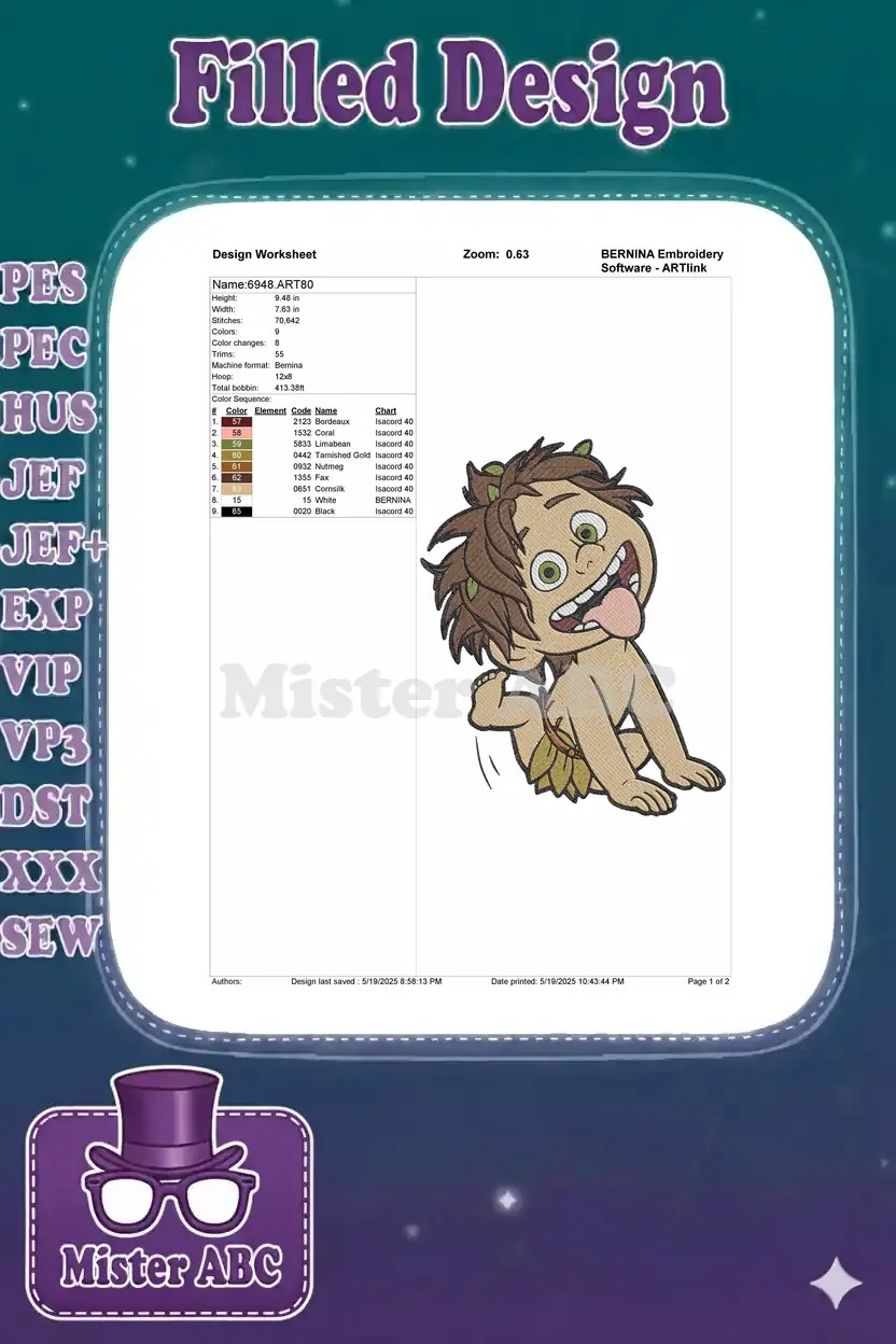 Detailed embroidery design worksheet for Spot, showing dimensions, stitch count, color sequence, and machine info.