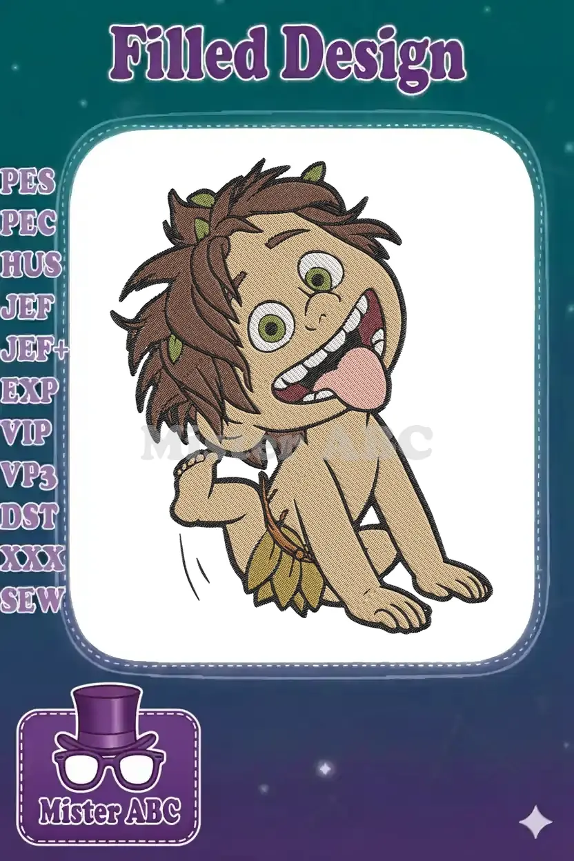 Vibrant embroidery of Spot from The Good Dinosaur, sitting and laughing with a lively, expressive face.