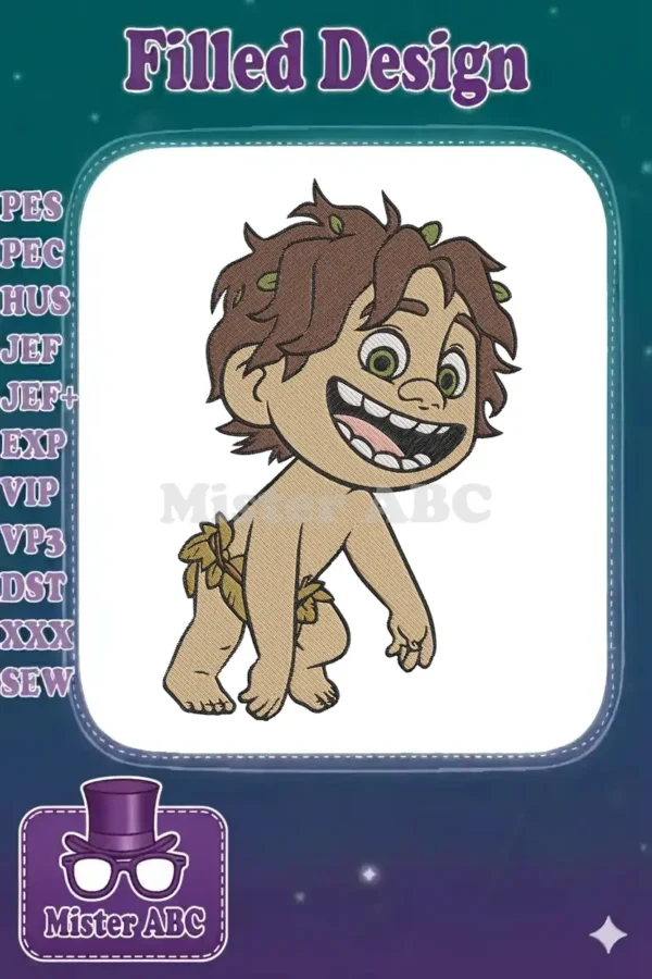 A vibrant embroidery design of a cheerful, wild boy character with brown hair and green eyes, wearing leaf loincloth.