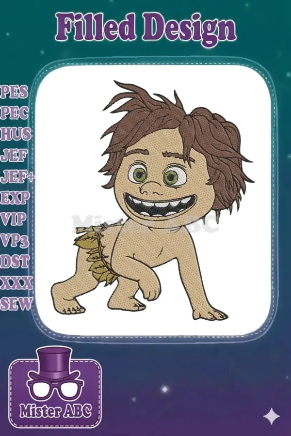 Embroidery design of Spot from The Good Dinosaur, crawling and smiling, with shaggy brown hair and leaf loincloth.