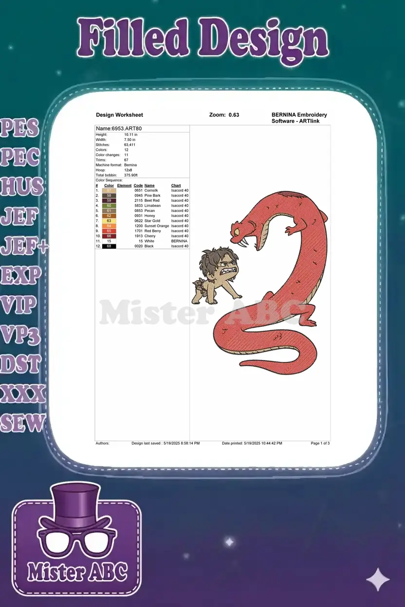 Embroidery design worksheet showing dimensions, stitch count, color sequence, and thread details for the design.