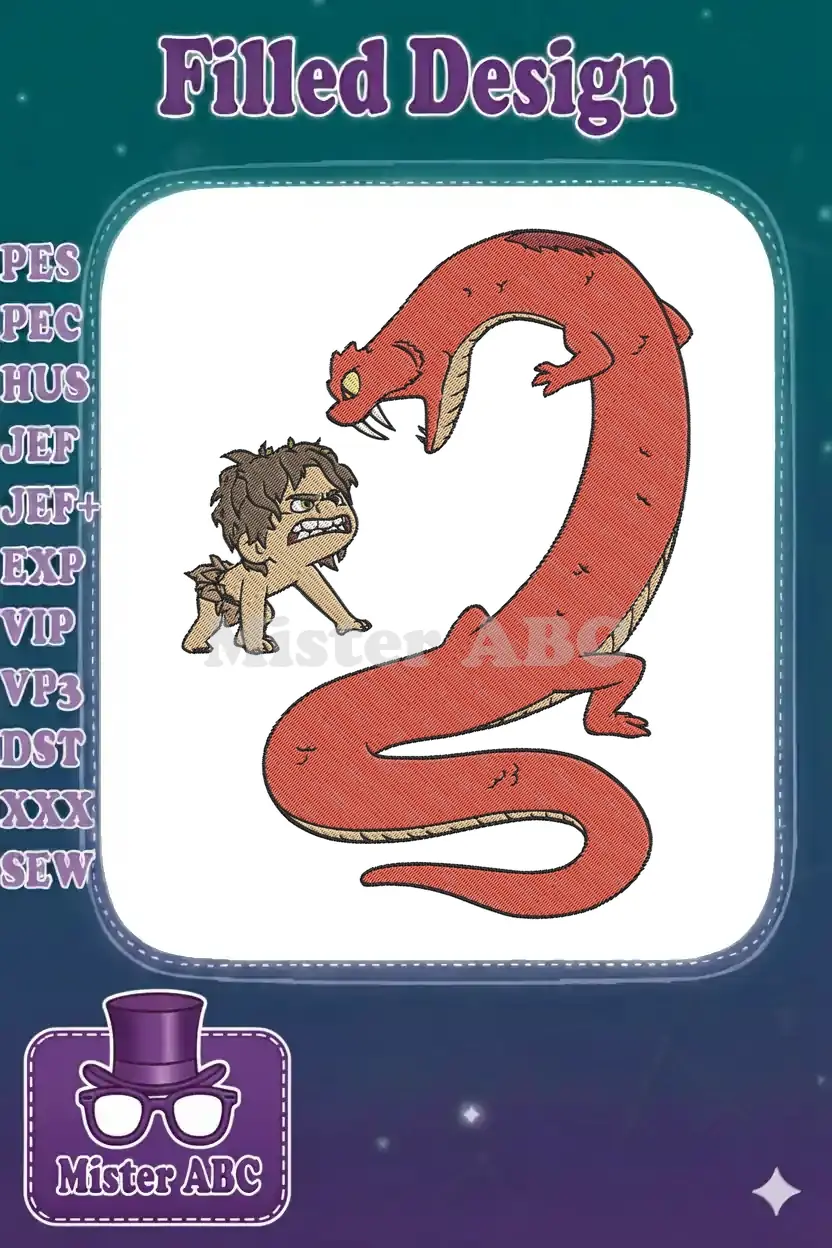 Embroidery design of a fierce cave boy in a leaf loincloth confronting a large, coiled red snake with fangs.