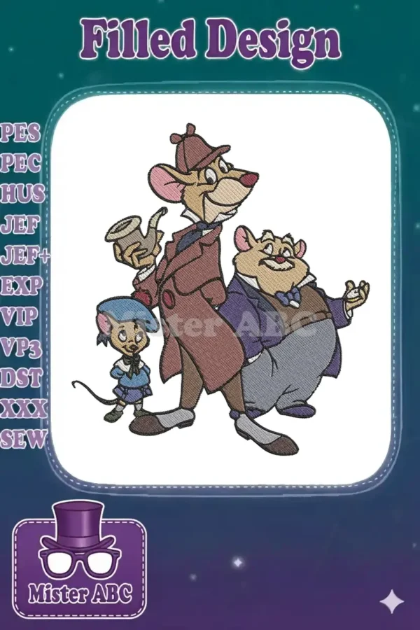 Embroidered design of Basil of Baker Street, Dr. Dawson, and Olivia Flaversham from The Great Mouse Detective.