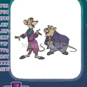 Two animated mice, Basil and Dr. Dawson, in a lively pose, offering a charming embroidery design.