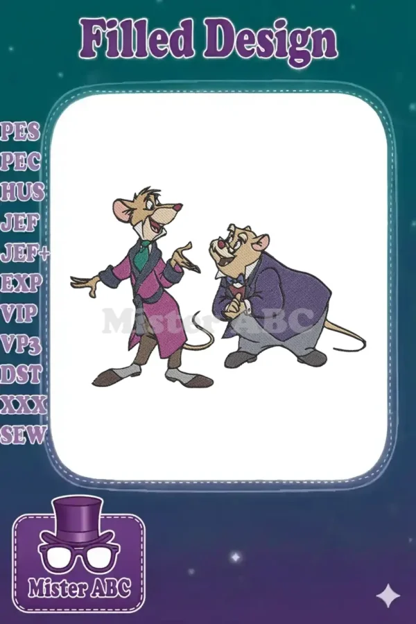 Two animated mice, Basil and Dr. Dawson, in a lively pose, offering a charming embroidery design.