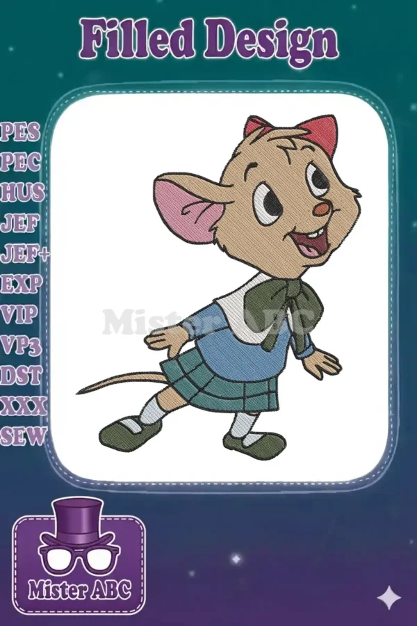 A vibrant embroidery design of Olivia Flaversham, the cheerful mouse, in a blue dress and plaid skirt, looking up with a big smile.