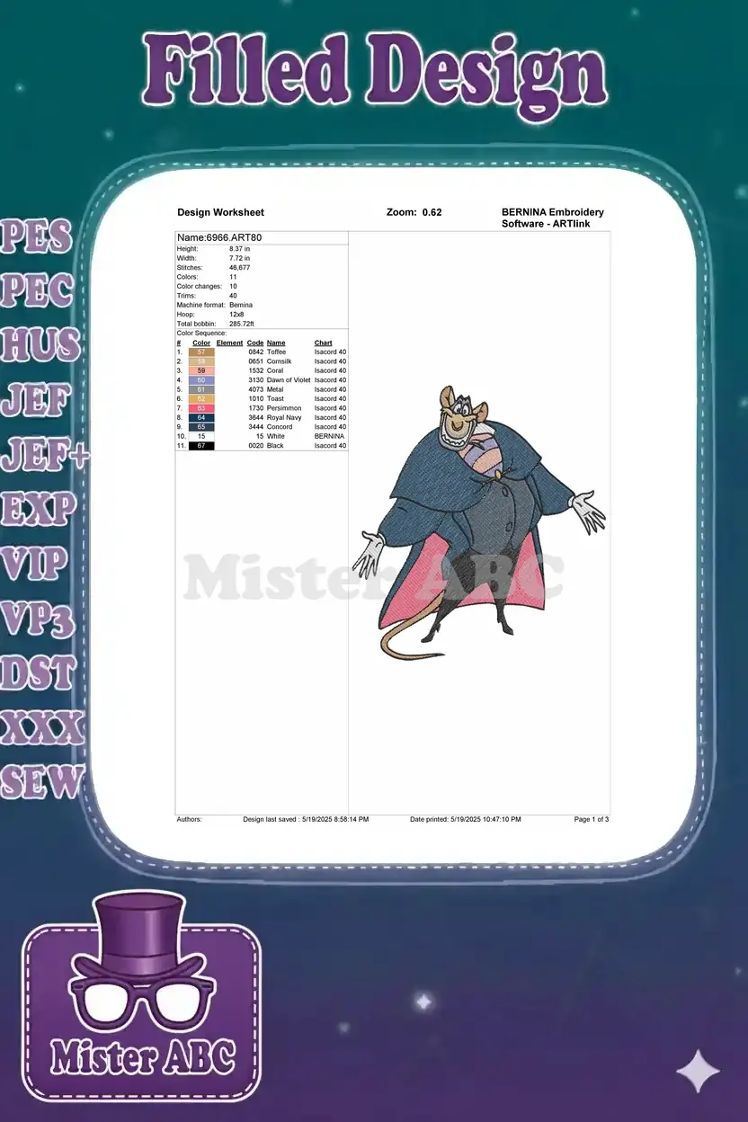 Embroidery design worksheet for Professor Ratigan, showing dimensions, stitch count, and color chart.
