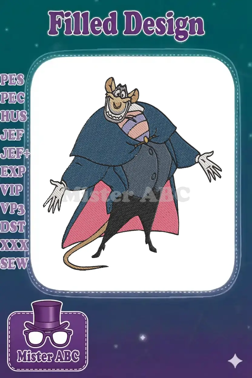 Full-body embroidery of Professor Ratigan from The Great Mouse Detective, with a wide grin and blue cape.