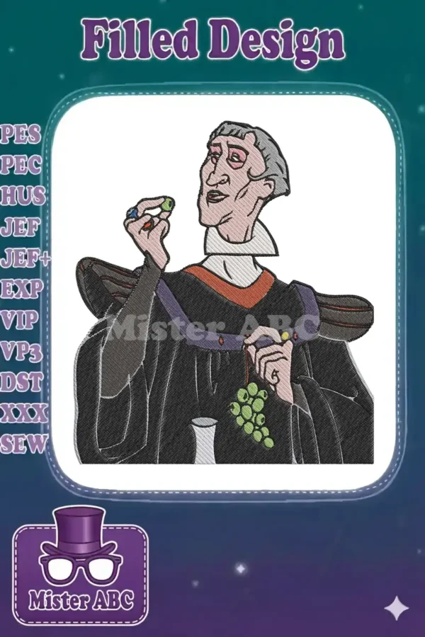 Detailed embroidery of Judge Claude Frollo from Disney, featuring his dark robes and a cunning expression.