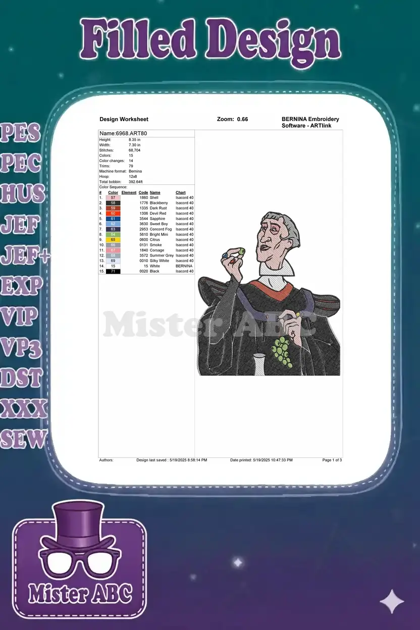 Embroidery design worksheet for Judge Frollo, detailing size, stitch count, color changes, and thread chart.