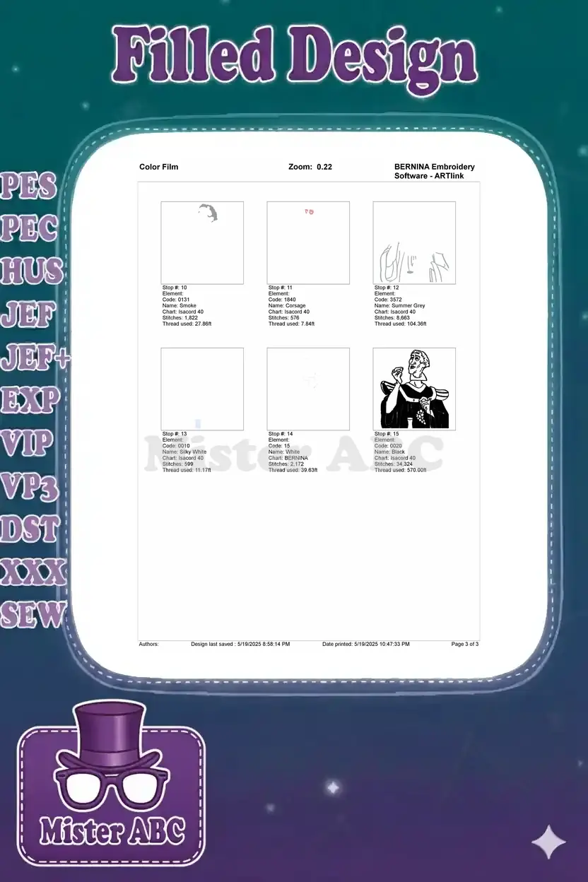 Color film breakdown for Judge Frollo embroidery, showing individual thread stops 10 through 15.