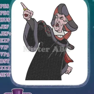 Judge Frollo embroidery design, depicting the Disney villain in his black and red robes, pointing with an angry expression.