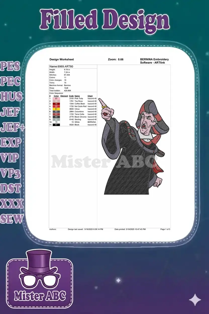 Embroidery design worksheet for '6969.ART80' featuring Judge Frollo, alongside detailed stitch count and color chart.