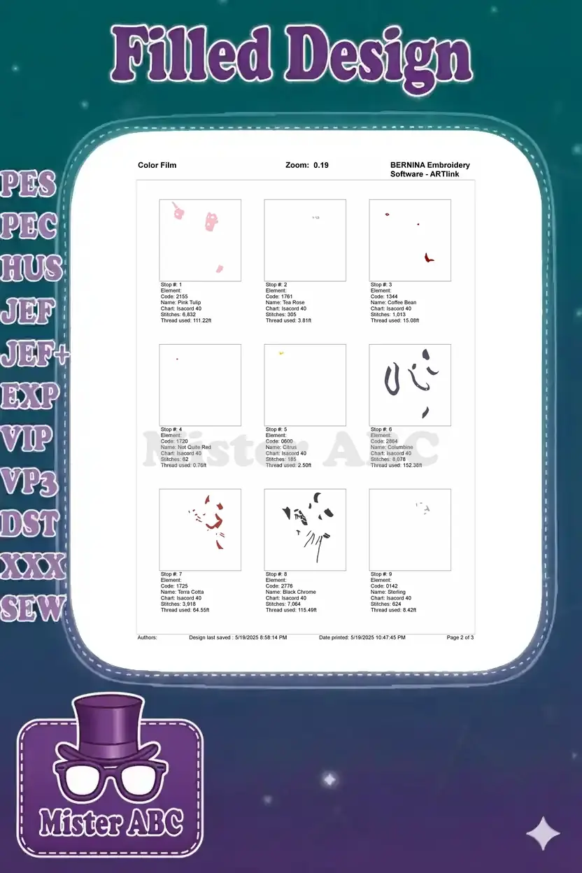 Color film breakdown for Frollo embroidery, showcasing the first nine individual thread color stitch steps and details.