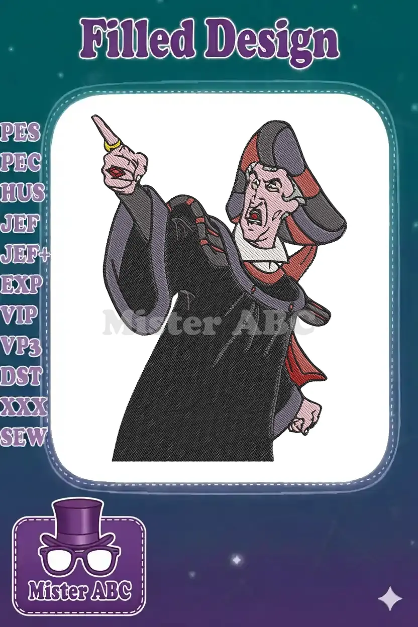 Judge Frollo embroidery design, depicting the Disney villain in his black and red robes, pointing with an angry expression.