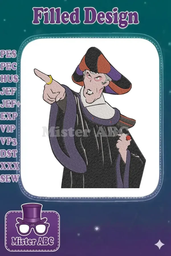 Judge Claude Frollo embroidery design, pointing sternly, in his iconic black and purple robes and hat.