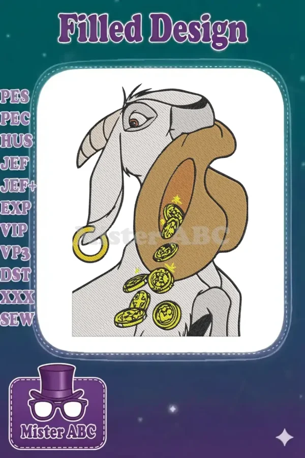 Detailed embroidery of a gray goat holding a brown hat overflowing with shiny gold coins, on white background.