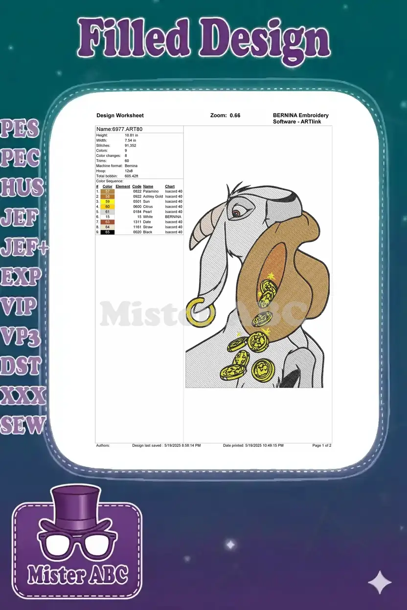 Embroidery design worksheet for the goat with gold coins, detailing dimensions, stitch count, and color sequence.