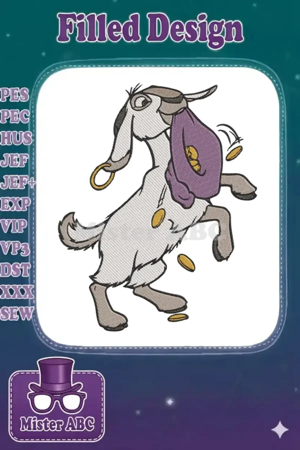 A spirited Djali the goat embroidery design, depicted playfully with a gold earring, holding a bag of coins.