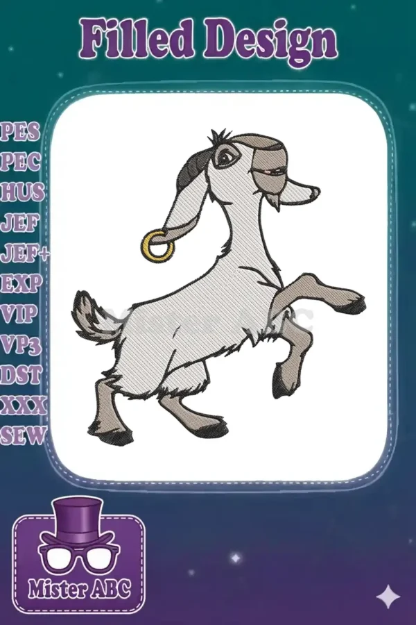 A charming embroidery design of a cartoon goat, featuring light grey fur, dark accents, and a distinctive golden earring.