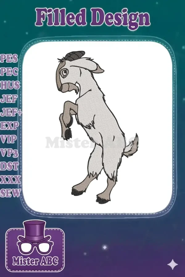 A charming cartoon goat embroidery design, standing playfully on its hind legs with detailed stitching and earthy tones.