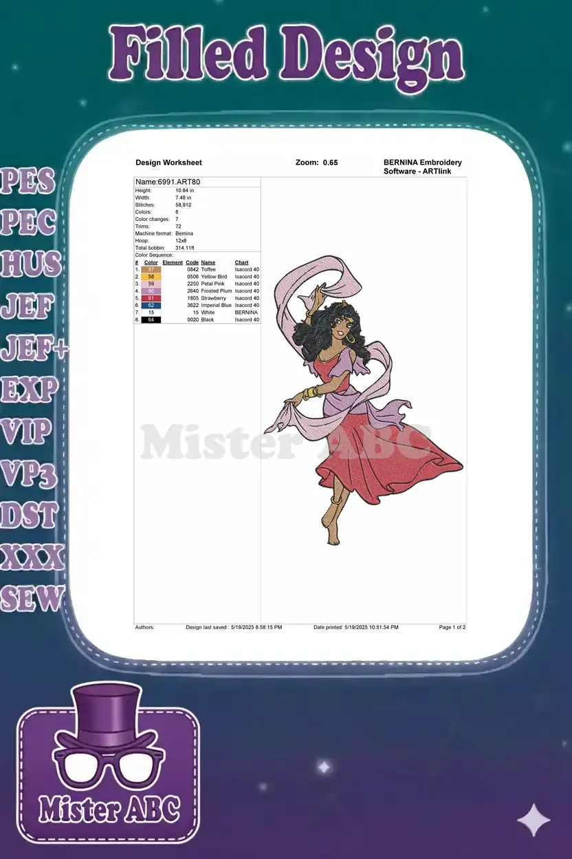 Embroidery design worksheet for Esmeralda, detailing dimensions, stitch count, color sequence, and thread types.