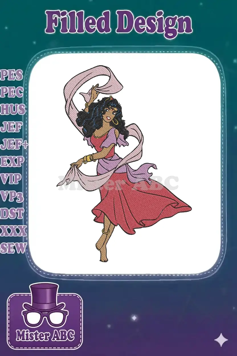 Stunning embroidery of Esmeralda, the captivating gypsy dancer, in a flowing red dress and pink scarf, barefoot.