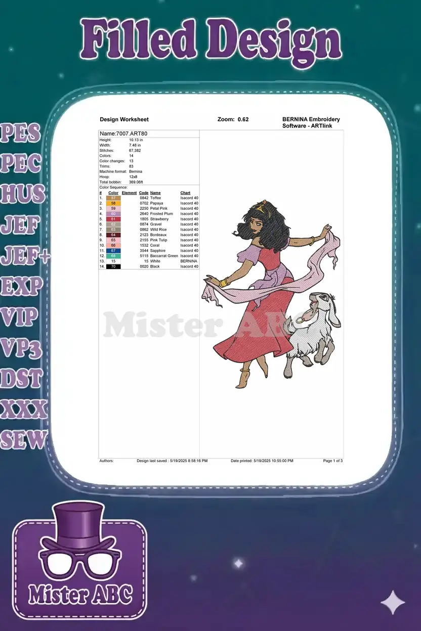 Embroidery design worksheet for Esmeralda and Djali, detailing size, stitch count, colors, and thread codes.