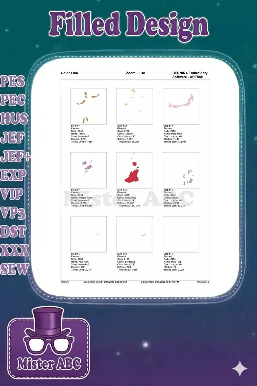 Color film page 1/2 showing individual stitch elements for colors 1-9 of the Esmeralda embroidery design.