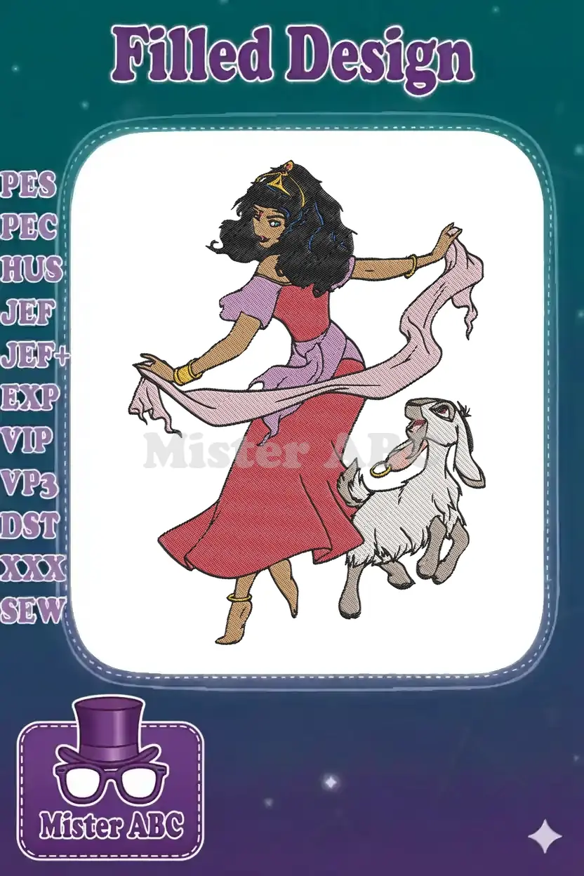 Colorful embroidery design of Esmeralda dancing with her goat Djali, featuring vibrant red, purple, and gold threads.