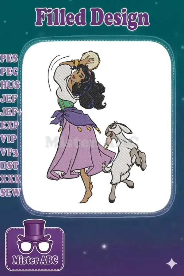 A captivating embroidery of Esmeralda from Hunchback of Notre Dame dancing with Djali, holding a tambourine.
