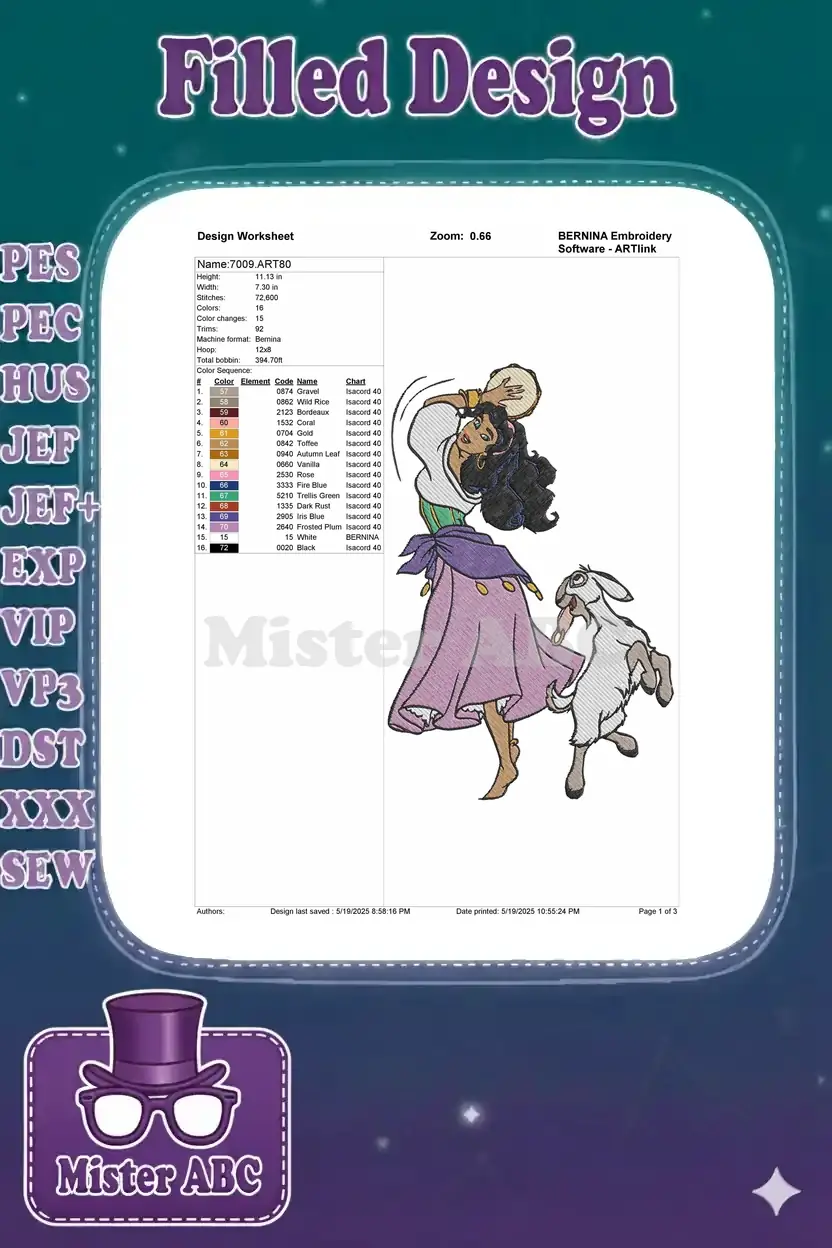 A detailed design worksheet for the Esmeralda and Djali embroidery, showing technical specifications.