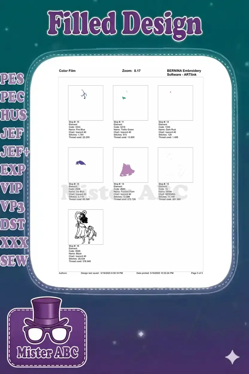 Color film details for the final seven color stops of the Esmeralda and Djali embroidery design.